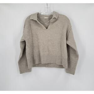 GU Womens Gray Collared V Neck Long Sleeve Crop Sweater Sz M